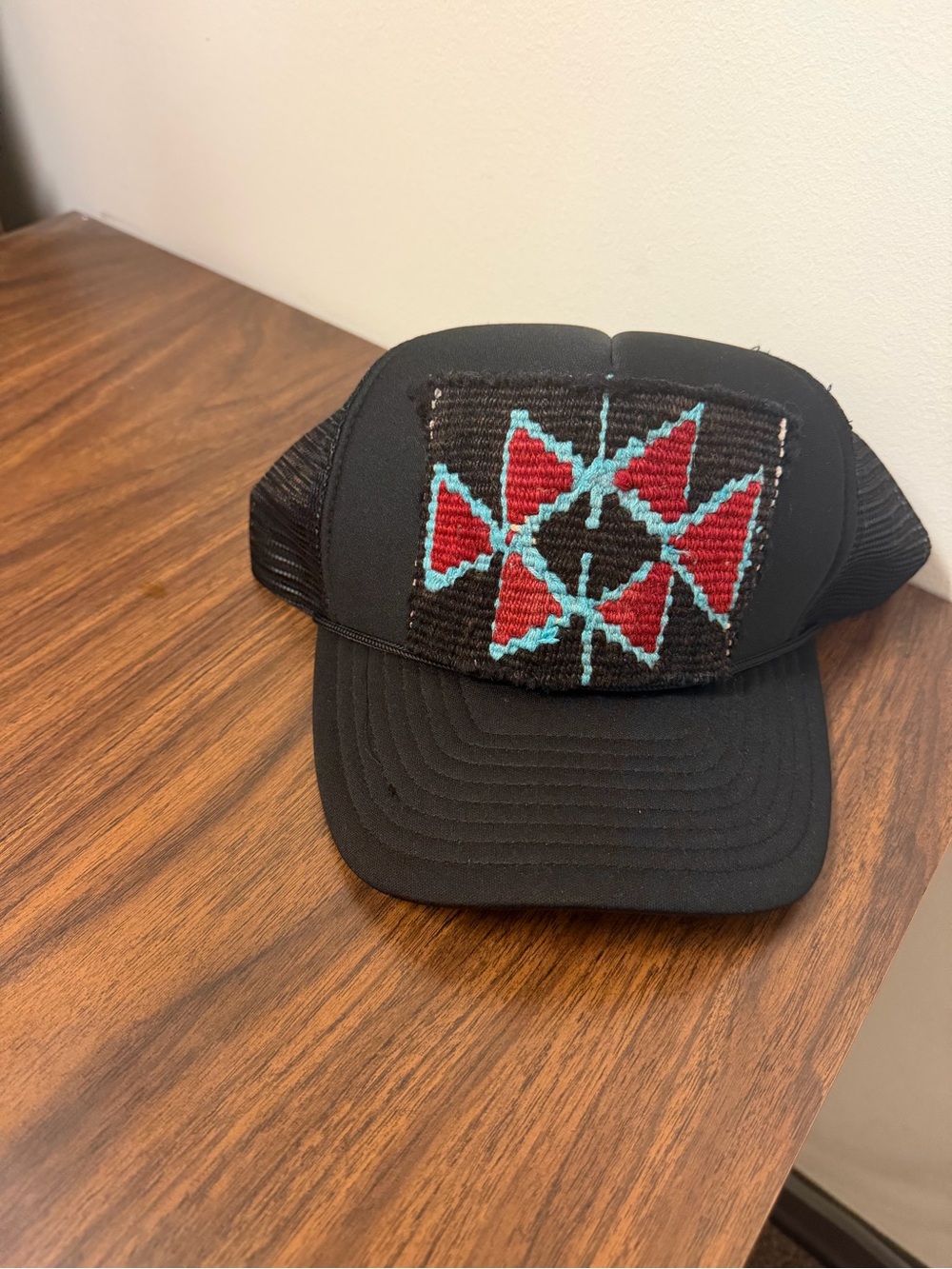 Womens Black Trucker Hat with Red & Turquoise Geometric Patch